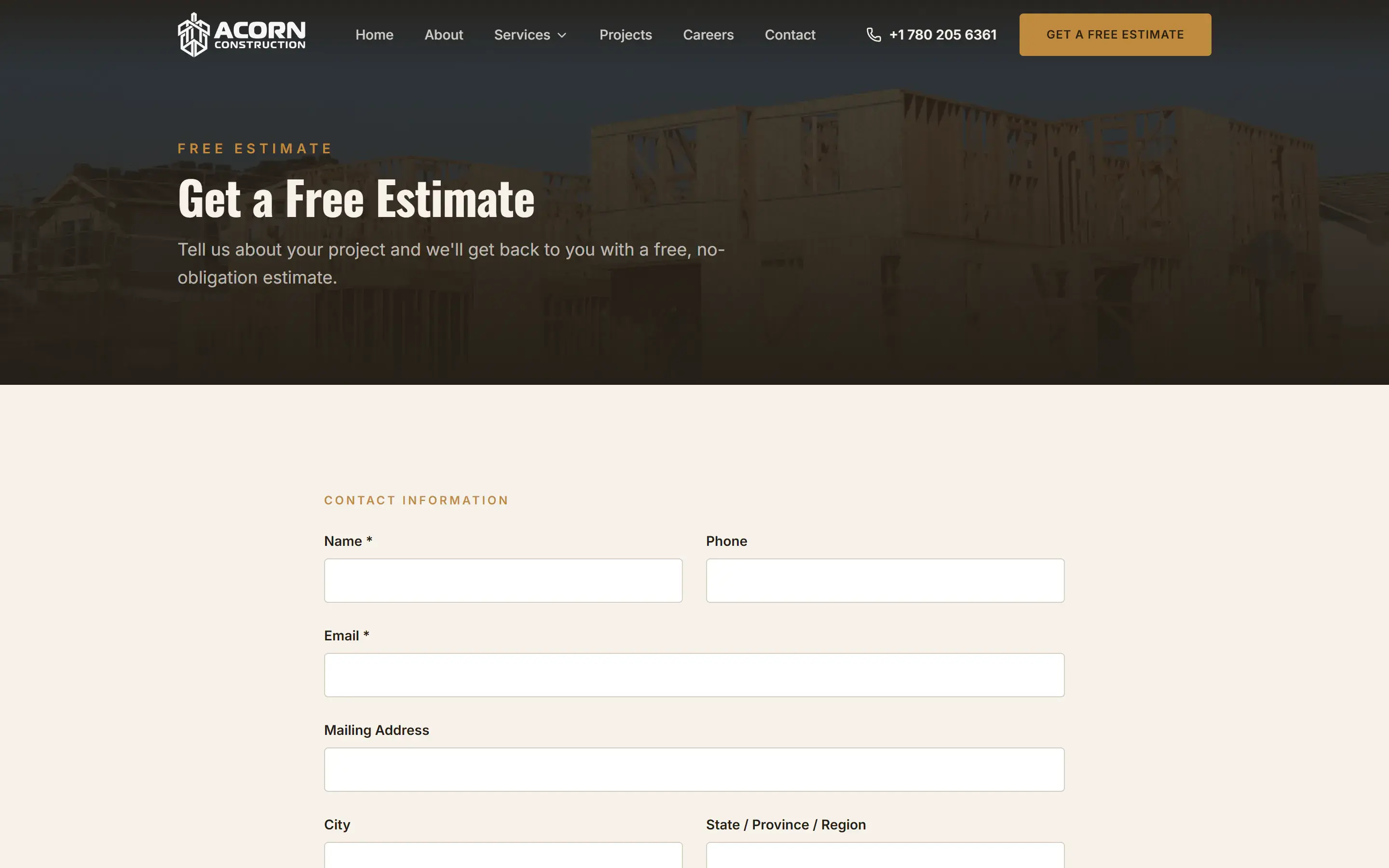 Acorn Construction free estimate page on desktop