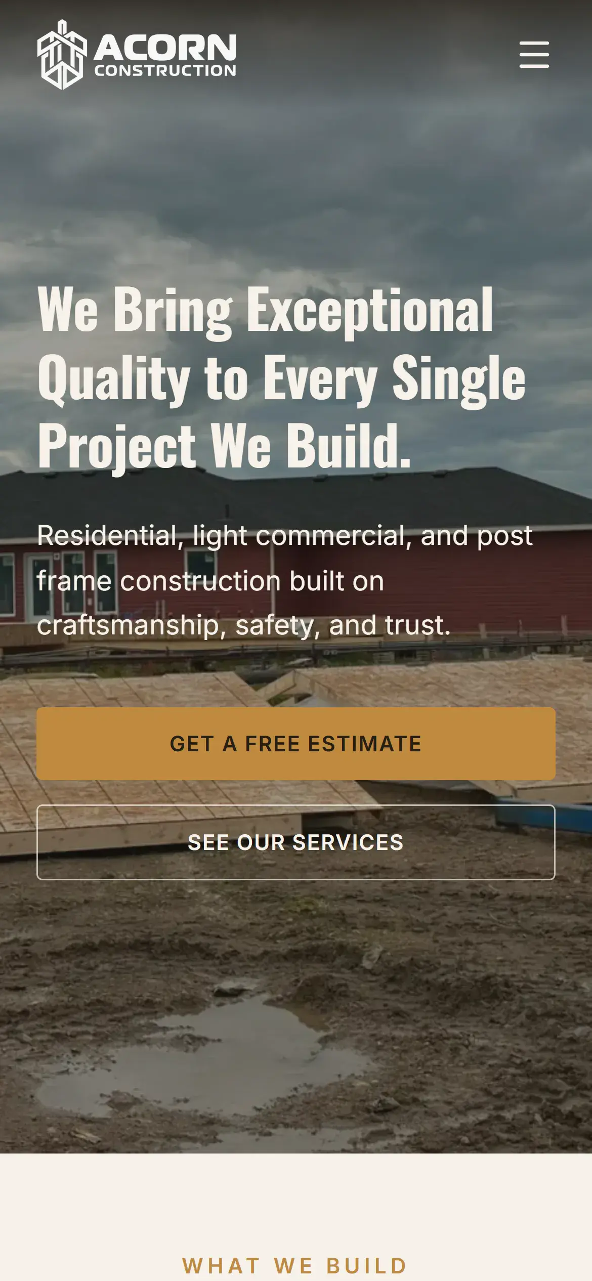 Acorn Construction homepage on mobile