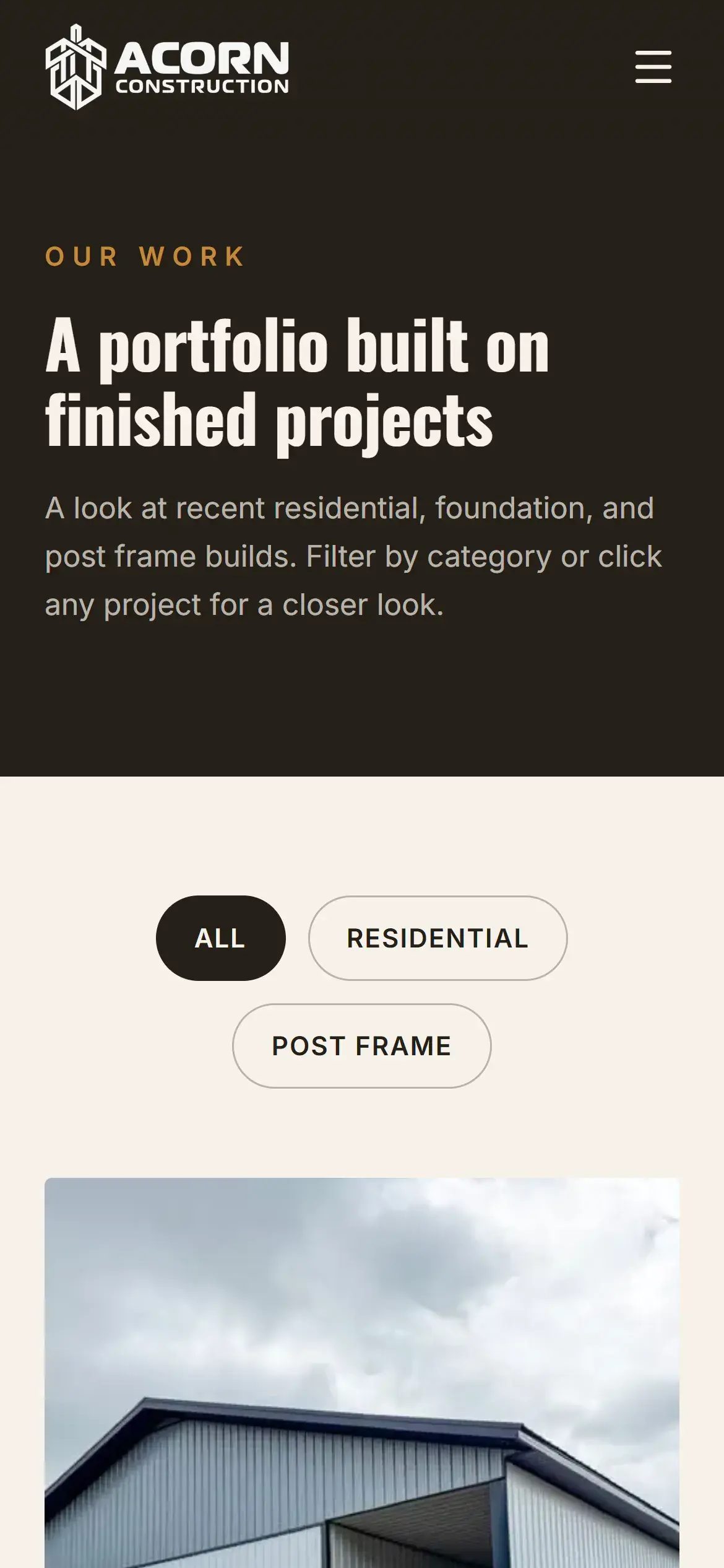 Acorn Construction projects page on mobile