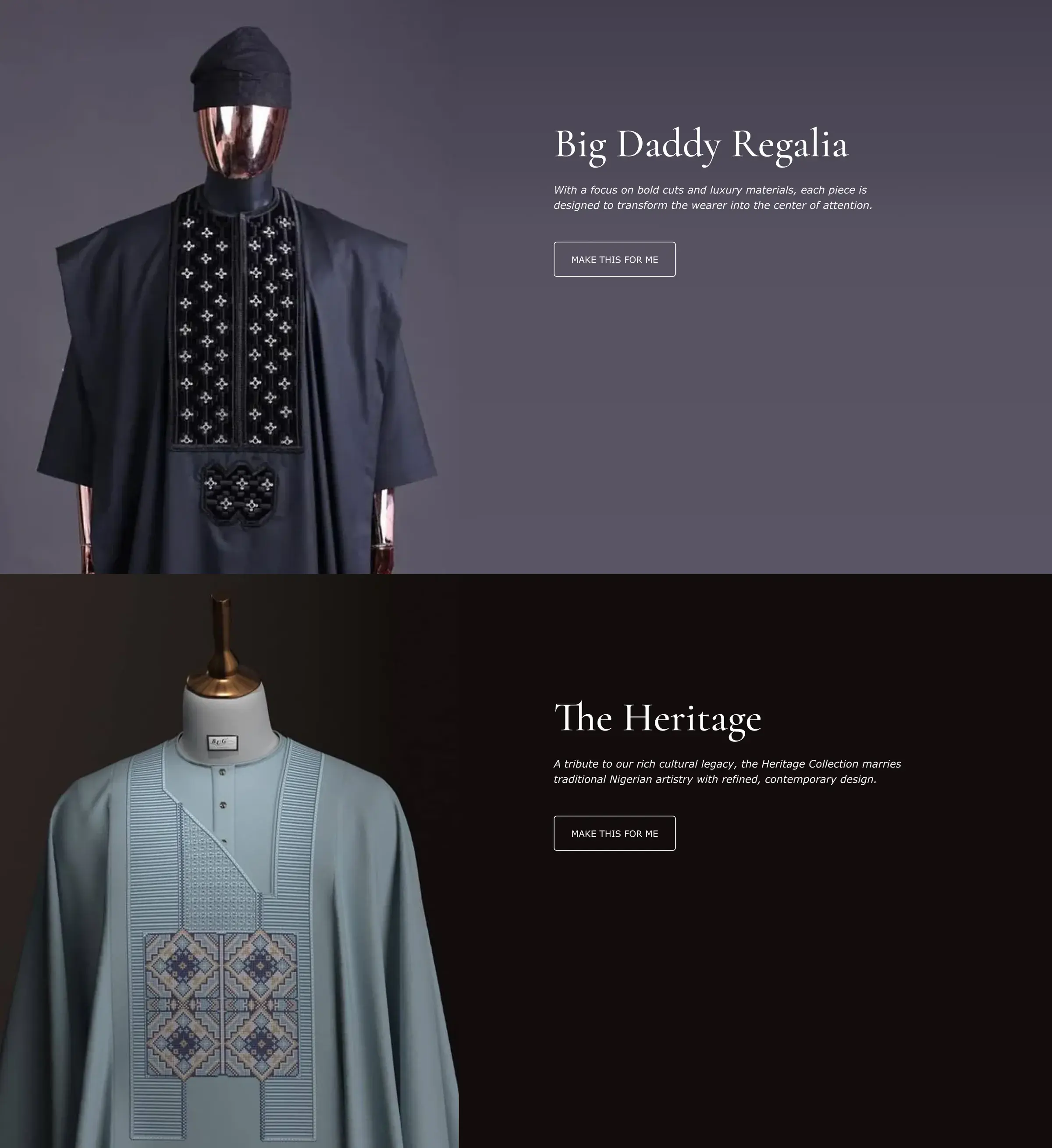 Aramanda homepage collection features, Big Daddy Regalia and The Heritage, on desktop