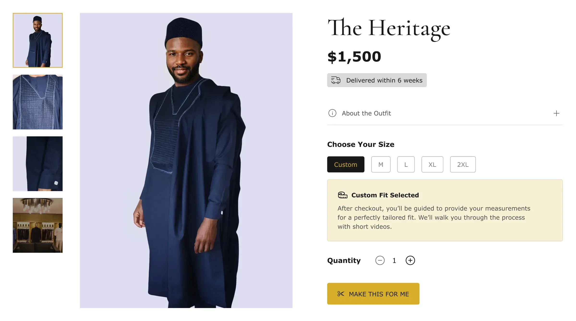 Aramanda product page on desktop with Custom size selected