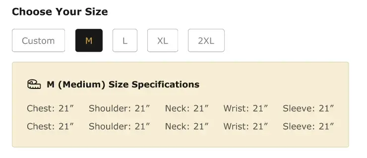 Aramanda size selector with size M selected and its measurements shown