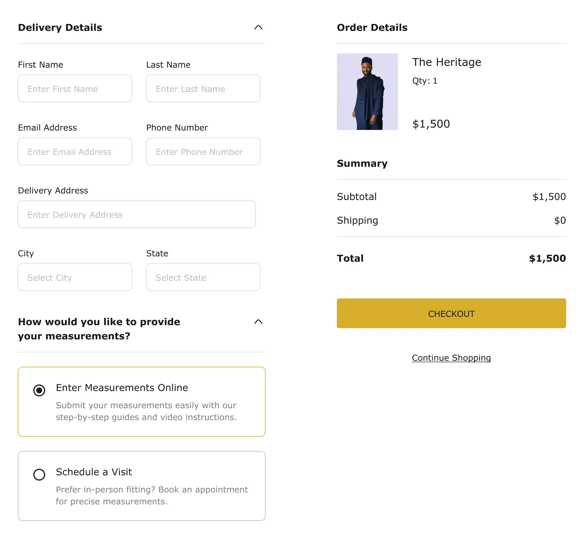 Aramanda checkout on desktop, with the choice of how to provide measurements