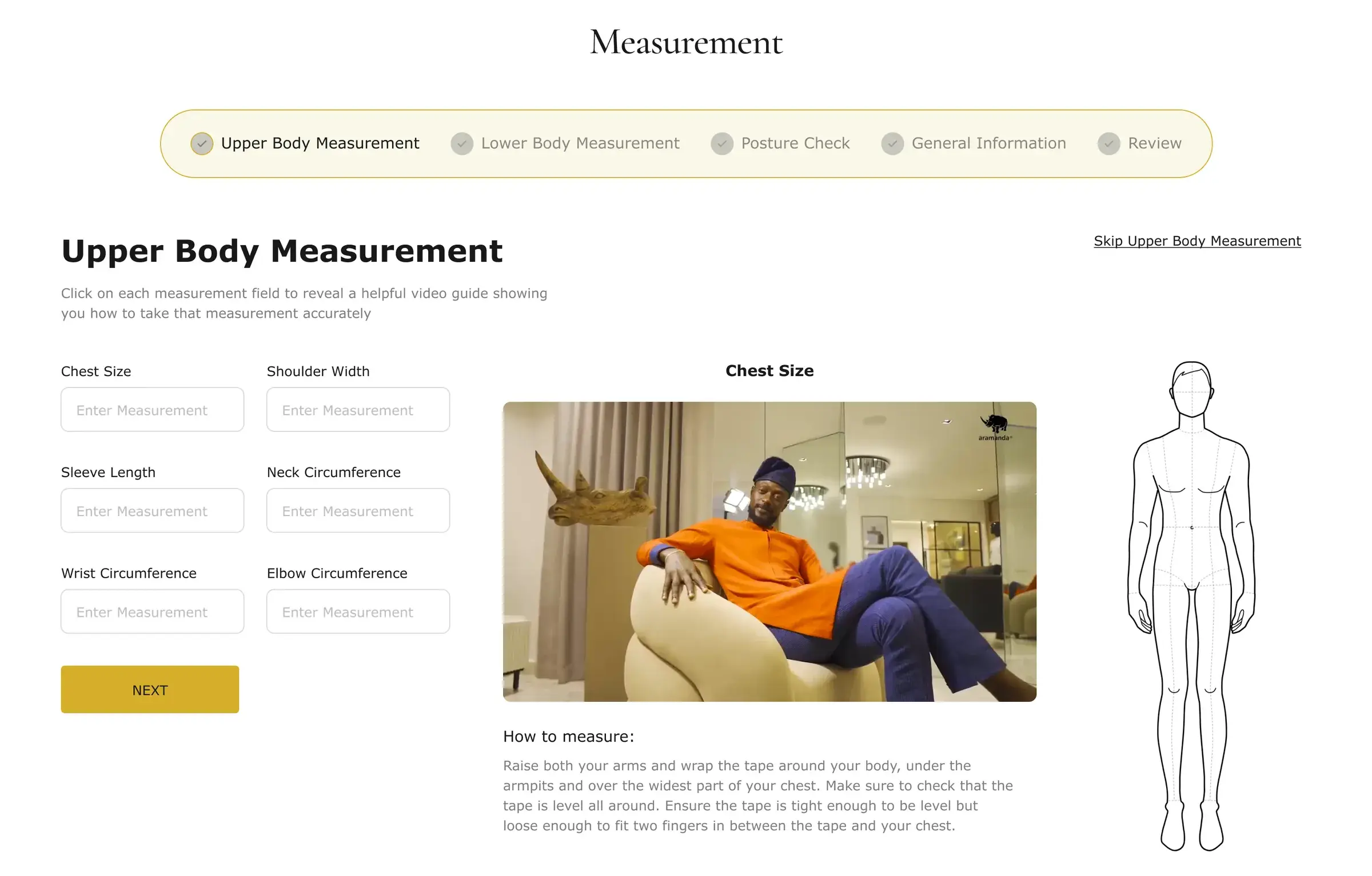 Aramanda upper body measurement step on desktop, with a video guide and body diagram